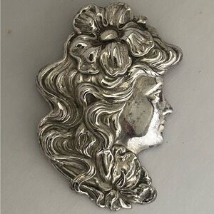 Vintage Silver Tone Art Nouveau Style Woman Head Profile Brooch